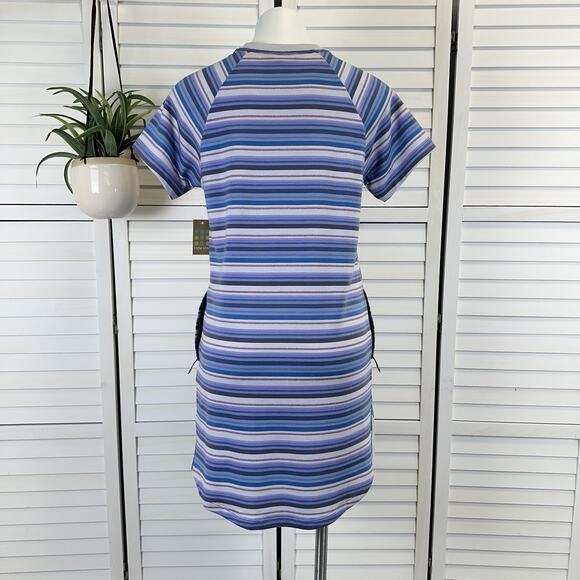 New Title Nine Hideaway Sweatshirt Dress Blue Horizon Stripe Short Sleeve Size S - Picture 5 of 12